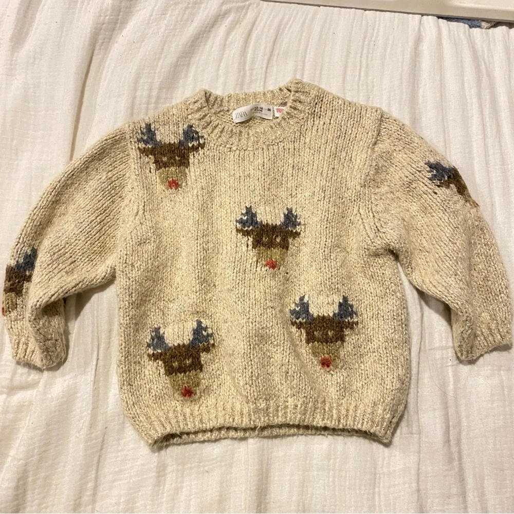 ZARA baby boys girls oatmeal reindeer knit sweater holiday winter warm 12-18m